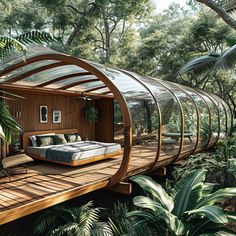 a bed sitting on top of a wooden platform in the middle of some plants and trees