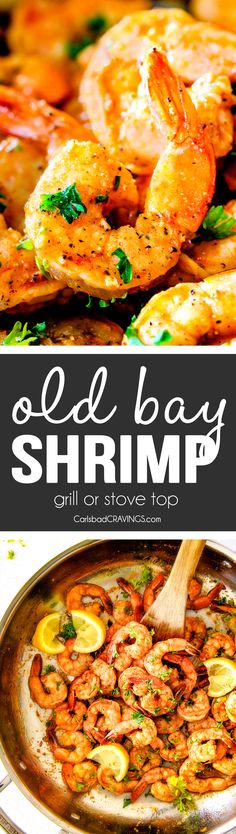 an old bay shrimp skillet is shown in this collage with the words old bay shrimp on it