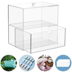 clear acrylic storage boxes with lids and dividers for pens, pencils, and other office supplies