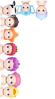 a group of baby dolls standing next to each other in front of a white background