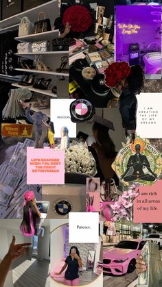 a collage of photos with pink and purple accents