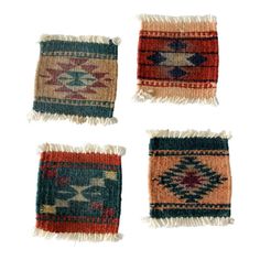 four pieces of colorful rug with fringes on top of each one and the other side