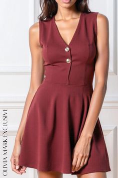 Olivia Mark - Elegant V-Neck Sleeveless Burgundy Skater Dress with Button Details Burgundy Skater Dress, Elegant Wine, Red Button, Daily Dress, Flared Skirt, Fitted Bodice, A Romantic, Olivia Mark, Wine Red