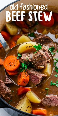 a ladle full of beef stew with carrots, potatoes and parsley in it