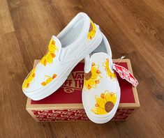 Each pair is hand painted and sprayed with a protective coating to limit dirt and fade damage. Customized Canvas Shoes, Sunflower Shoes, Hand Painted Vans, Vans Painted, Bee Shoes, Baby Vans, Painted Vans, Cloud Shoes, Nike Air Force 1s