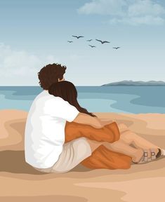 a man and woman are sitting on the sand at the beach looking out to sea