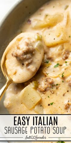 an easy italian sausage potato soup in a bowl