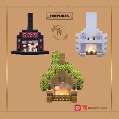 three different types of fireplaces in the shape of houses with plants growing out of them