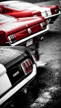 several classic mustangs are lined up in a row on the street with water droplets all over them