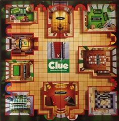 an advertisement for clue board game with lots of rooms and furniture on the front cover