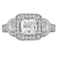 an engagement ring with a princess cut diamond surrounded by round brilliant pave set diamonds