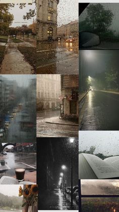 a collage of photos with rain and buildings