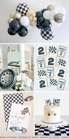 black and white themed birthday party with balloons, checkered tablecloths, race car cake