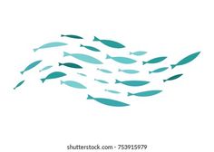 a flock of fish swimming together in the ocean or sea on a white and blue background