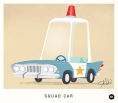 a blue car with a red top and a star on the roof is in front of a beige background