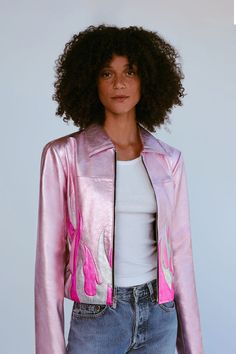 Live life to the colorfullest. Shop our newest collections to get the jacket of your dreams. Taylor Tomlinson, Fire Pattern, Punk Looks, Pink Leather Jacket, Pink Metallic, Hustle Ideas, Metallic Pink