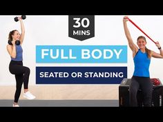 two women doing exercises with dumbbells in front of a sign that says full body seated or standing