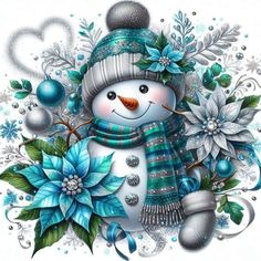 a snowman with blue flowers and green leaves