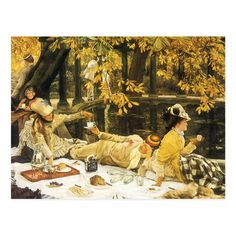 a painting of people sitting at a picnic table with food and drinks on the ground