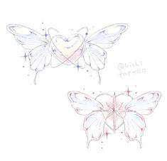 two drawings of butterfly wings with hearts on the wings and stars in the back ground