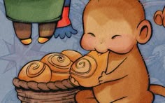 a painting of a baby sitting next to a basket filled with rolled up doughnuts