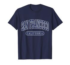 the san francisco california t - shirt is shown in blue and has white letters on it