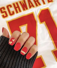 Chiefs Nails Design Kansas City, Kc Chiefs Nails Manicures, Chiefs Inspired Nails, Superbowl Nails Chiefs, Chiefs Nail Ideas, Kc Nails Kansas City, Super Bowl Nails Chiefs, Chief Nails Kansas City, Kansas City Nails