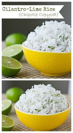 lime lime rice in a yellow bowl with limes on the side