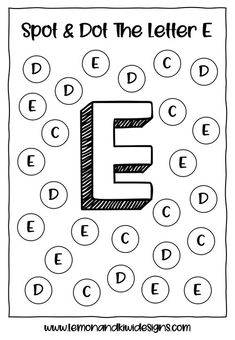 the letter e is for dot and dot in this printable alphabet practice sheet, which includes