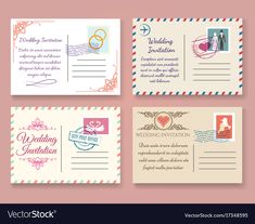 wedding postcard set with envelopes and stamps on the front, back and side