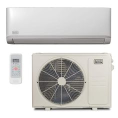 a white air conditioner and remote control on a white background with an image of a heat pump