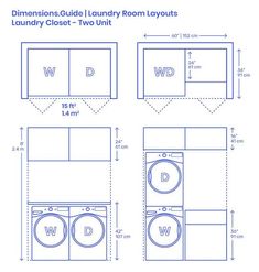 the measurements for a laundry room layout with two washers and one dryer on each side