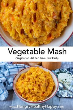 two pictures with different types of mashed potatoes in them and the title vegetable mash vegetarian gluen free low carb