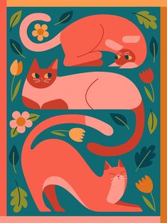 two cats sitting next to each other on top of a blue background with flowers and leaves