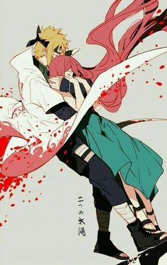 two anime characters hugging each other with blood splatters on the floor behind them