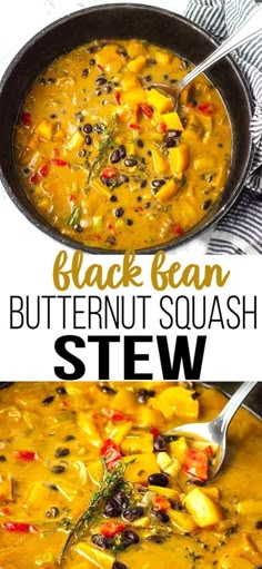 black bean butternut squash stew in a skillet with the words, black bean butternut squash stew