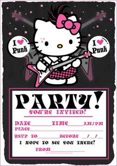 a hello kitty birthday party with pink hair and guitar on the front, black background