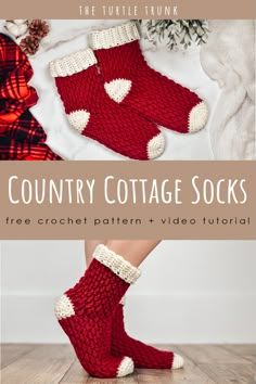 a pair of red knitted socks with hearts on them and text that reads country cottage socks free crochet pattern video tutor