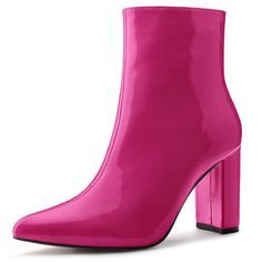 This lacquer technology of patent leather shows one kind of luxury. With the mirror surface, and just the right height, these ankle boots are well paired with dresses, jeans, or skirts. Besides, the pointed-toe style can make your legs more slender. These boots are easily on and off with the zipper style. Pink Metallic Boots, Western Dress With Boots, Metallic Boots, Chunky Heel Ankle Boots, Mirror Surface, Closed Toe Shoes, Rubber Boot, Pink Metallic, Buckle Boots