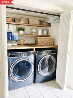 a washer and dryer in a room with open shelves on the wall next to each other