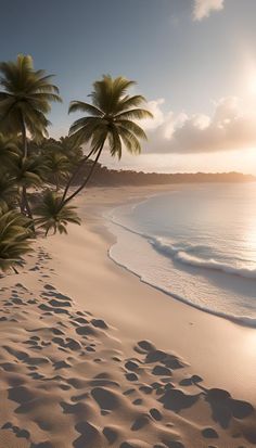 the sun is setting on an empty beach with palm trees and footprints in the sand