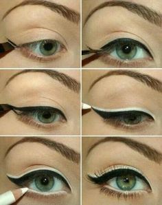 Good makeup to do for green eyes! I want to try this out soon! :) Permanente Make-up, Tutorial Eyeliner, 70s Makeup, Best Makeup Tutorials, Retro Makeup, White Eyeliner, Beauty Make-up