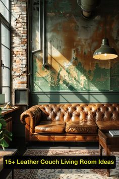 an old leather couch sitting in front of a window with the words leather couch living room ideas