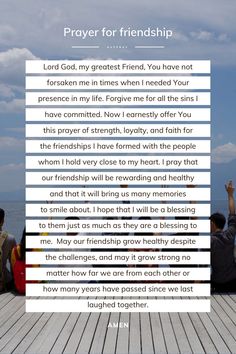 two people sitting on a dock with the words prayer for friends