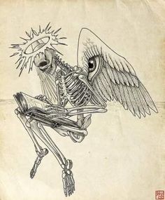 a drawing of a skeleton sitting on top of a chair with an angel above it