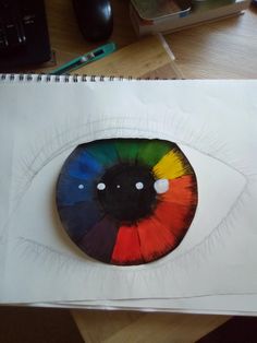 a drawing of an eyeball with colored pencils on paper next to a computer keyboard