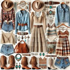 Discover modern cowgirl style with this trendy clothing collage! From fringed denim jackets and classic cowboy boots to wide-brim hats, boho skirts, and turquoise jewelry, this board blends traditional Western elements with fresh, fashionable updates. Perfect for anyone who loves rustic charm, bold Western vibes, and chic cowgirl outfits. Whether you're looking for inspiration for festivals, casual outings, or adding a country twist to your wardrobe, this pin has you covered. Pin now for cowgirl fashion inspiration! Cowgirl Capsule Wardrobe, Cowgirl Skirt Outfits, Denim Color Scheme, Chic Cowgirl Outfits, Hippie Cowgirl Style, Clothing Collage, Classic Cowboy Boots, Western Elements, Chic Cowgirl