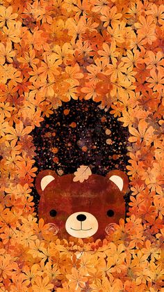 a painting of a bear surrounded by orange leaves and brown flowers with stars in the background