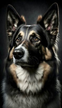 a close up of a dog's face on a black background