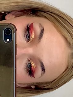 Flame Inspired Makeup, Red Fire Makeup, Fire Makeup Ideas, Fire Makeup Look Easy, Fire Themed Makeup, Firefighter Makeup, Fire Makeup Halloween, Gold And Red Makeup, Red And Gold Makeup Looks